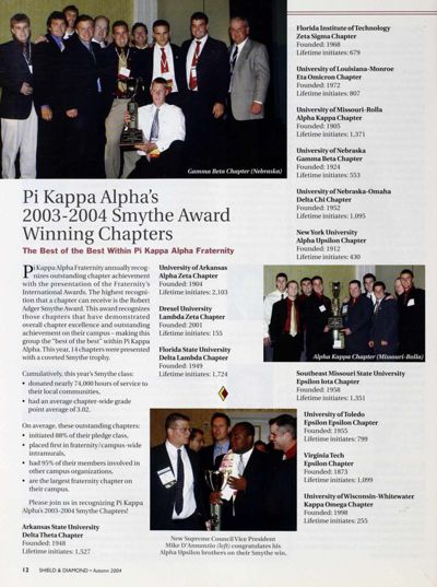 Pi Kappa Alpha's 2003-2004 Smythe Award Winning Chapters